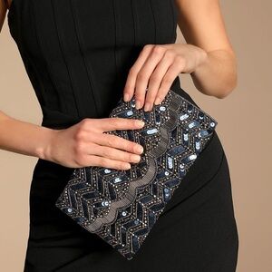 Lulus Midnight Mystique Blue Sequin Beaded Clutch
